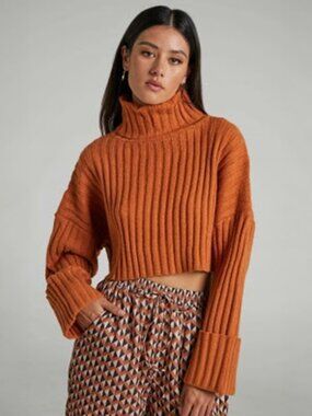 NWOT Showpo Elika Cropped Turtleneck Knit Sweater — Tan / Orange, Size 6 Medium